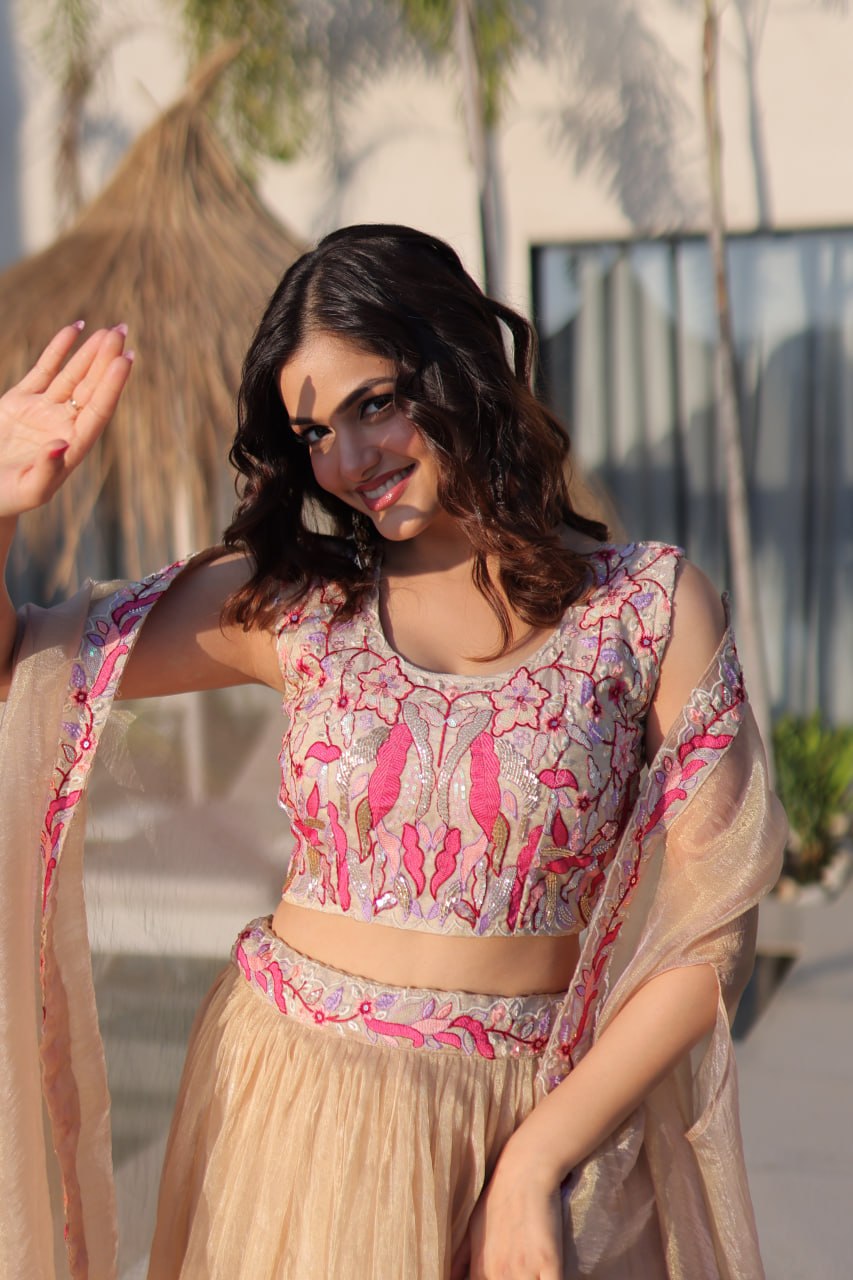 Beige Modern Ethnic Lehenga with Shrug ClothsVilla