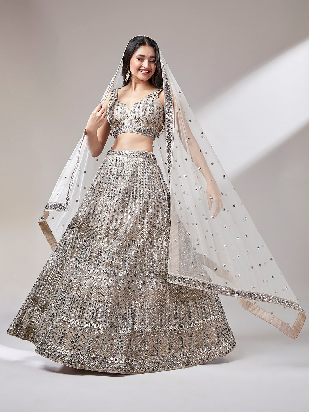 Beige - Net Mirror & Sequins Embroiderey Semi-Stitched Lehenga choli Clothsvilla