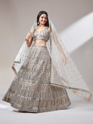 Beige - Net Mirror & Sequins Embroiderey Semi-Stitched Lehenga choli Clothsvilla