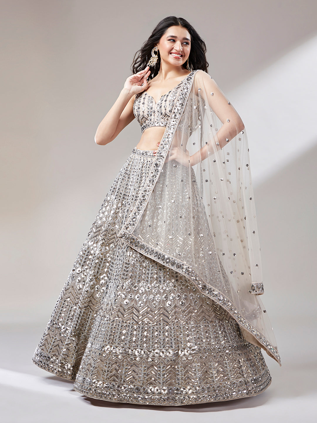 Beige - Net Mirror & Sequins Embroiderey Semi-Stitched Lehenga choli Clothsvilla