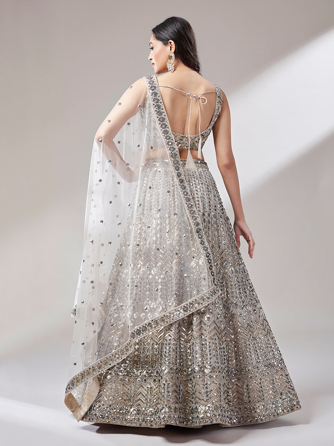 Beige - Net Mirror & Sequins Embroiderey Semi-Stitched Lehenga choli Clothsvilla