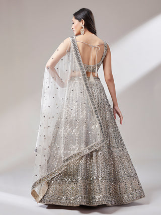 Beige - Net Mirror & Sequins Embroiderey Semi-Stitched Lehenga choli Clothsvilla