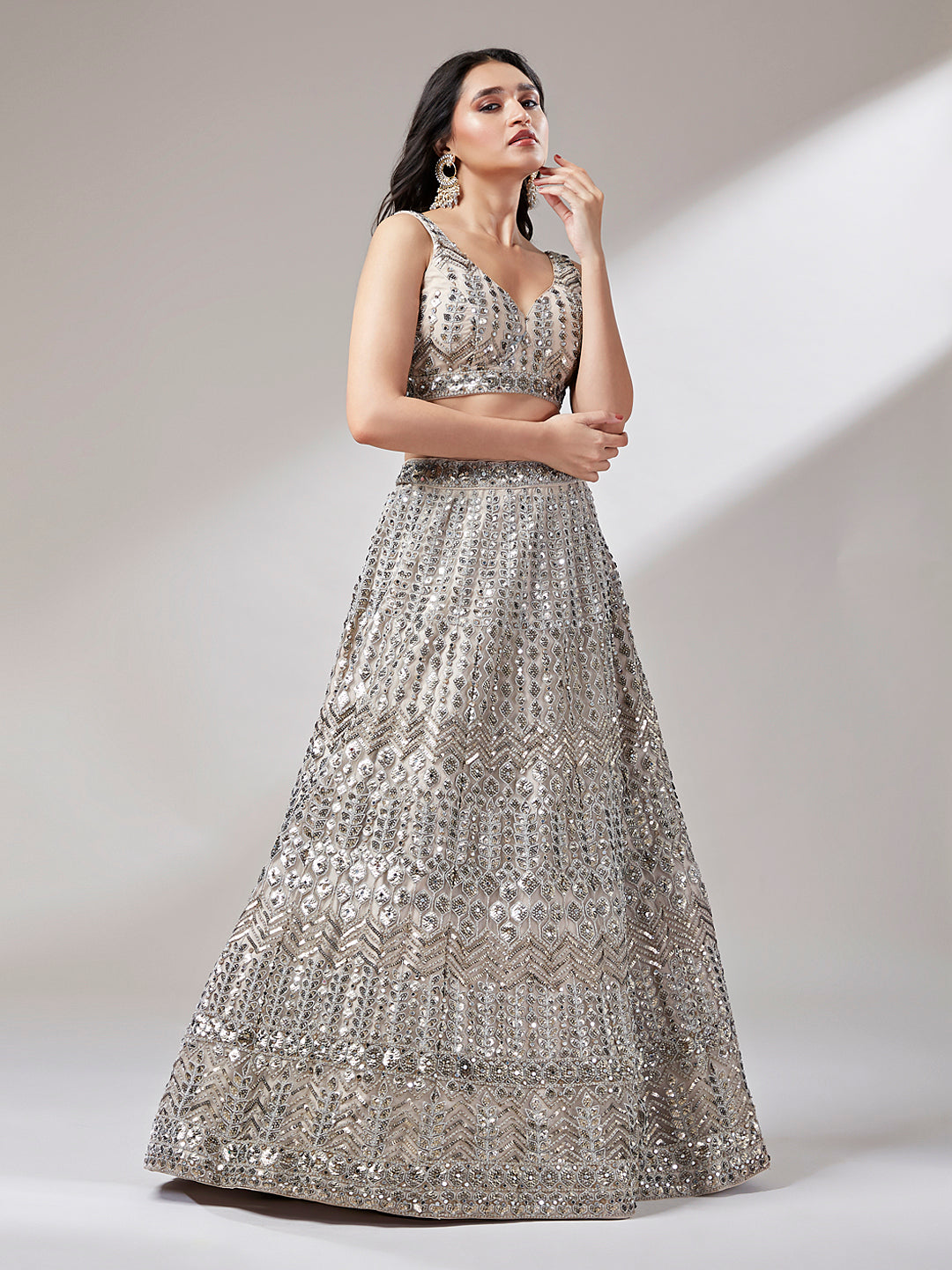 Beige - Net Mirror & Sequins Embroiderey Semi-Stitched Lehenga choli Clothsvilla