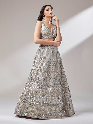 Beige - Net Mirror & Sequins Embroiderey Semi-Stitched Lehenga choli Clothsvilla