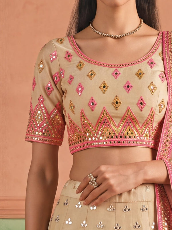 Beige Organza Embroidered Foil Mirror Work Lehenga Choli Clothsvilla