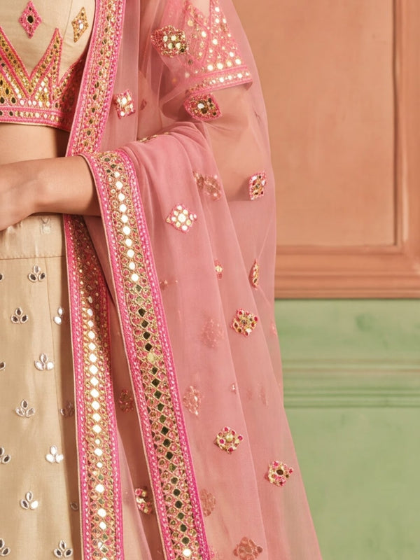 Beige Organza Embroidered Foil Mirror Work Lehenga Choli Clothsvilla
