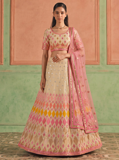 Beige Organza Embroidered Foil Mirror Work Lehenga Choli Clothsvilla Main image