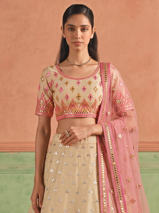 Beige Organza Embroidered Foil Mirror Work Lehenga Choli Clothsvilla