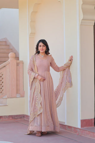 Beige Premium Fendy Chiffon 12-Kali Gown with Embroidered Cut-Work Dupatta ClothsVilla