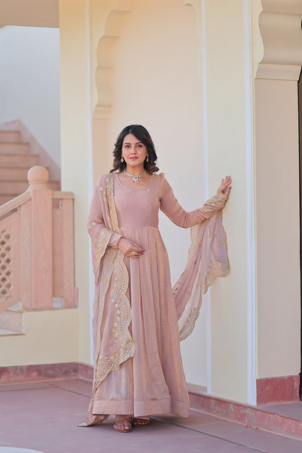 Beige Premium Fendy Chiffon 12-Kali Gown with Embroidered Cut-Work Dupatta ClothsVilla