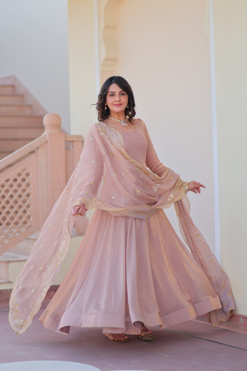 Beige Premium Fendy Chiffon 12-Kali Gown with Embroidered Cut-Work Dupatta ClothsVilla
