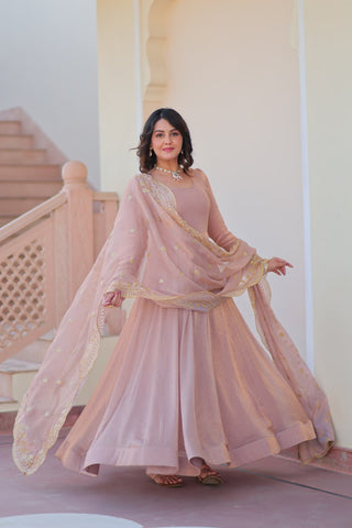 Beige Premium Fendy Chiffon 12-Kali Gown with Embroidered Cut-Work Dupatta ClothsVilla