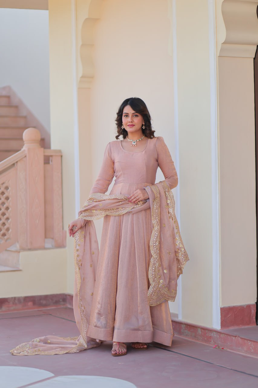 Beige Premium Fendy Chiffon 12-Kali Gown with Embroidered Cut-Work Dupatta ClothsVilla