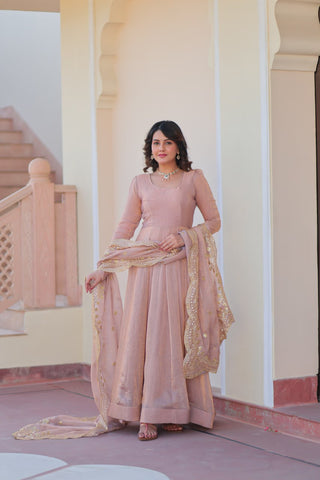 Beige Premium Fendy Chiffon 12-Kali Gown with Embroidered Cut-Work Dupatta ClothsVilla