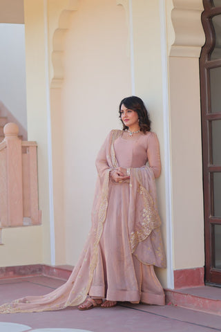 Beige Premium Fendy Chiffon 12-Kali Gown with Embroidered Cut-Work Dupatta ClothsVilla