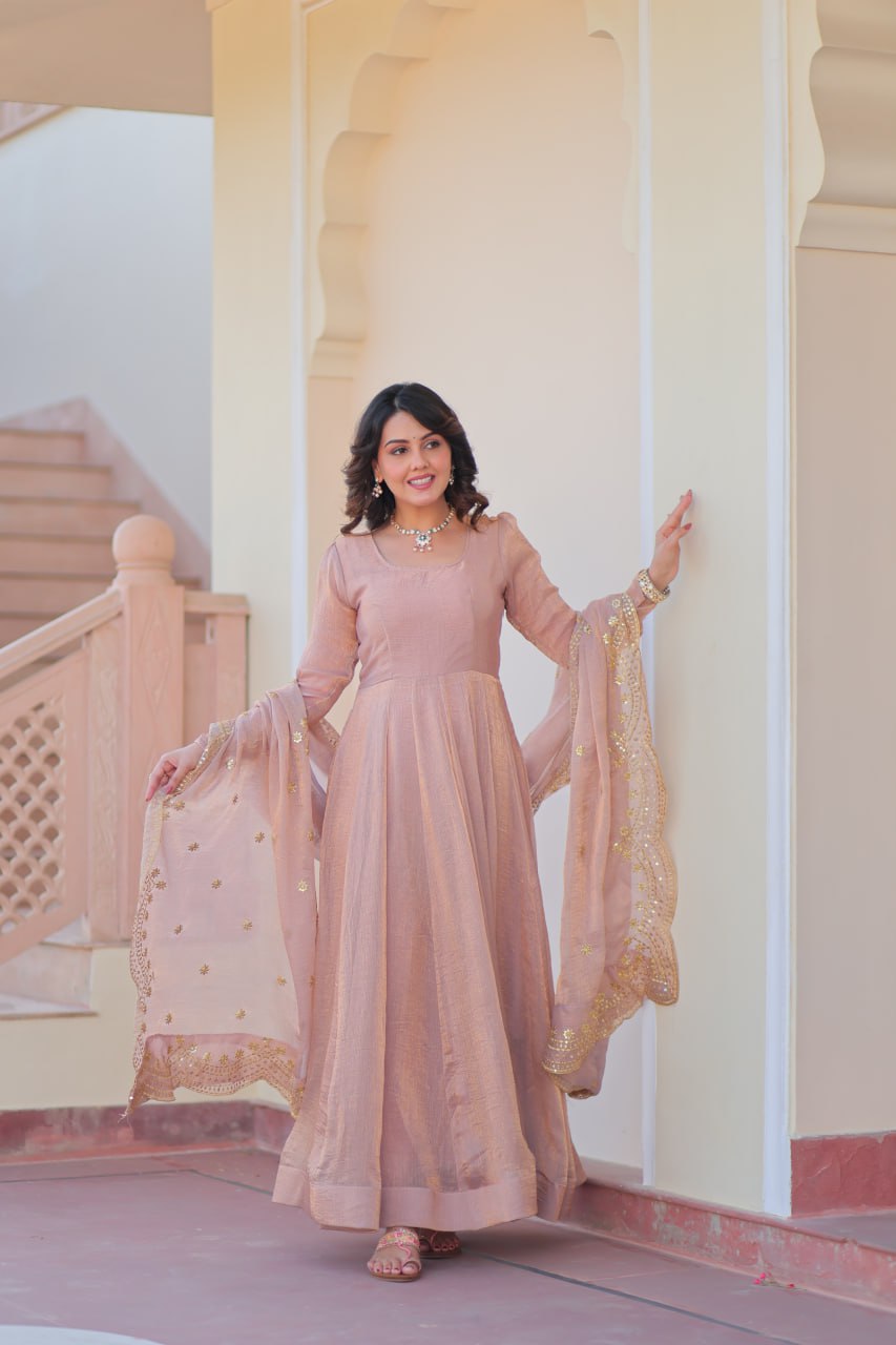 Beige Premium Fendy Chiffon 12-Kali Gown with Embroidered Cut-Work Dupatta ClothsVilla