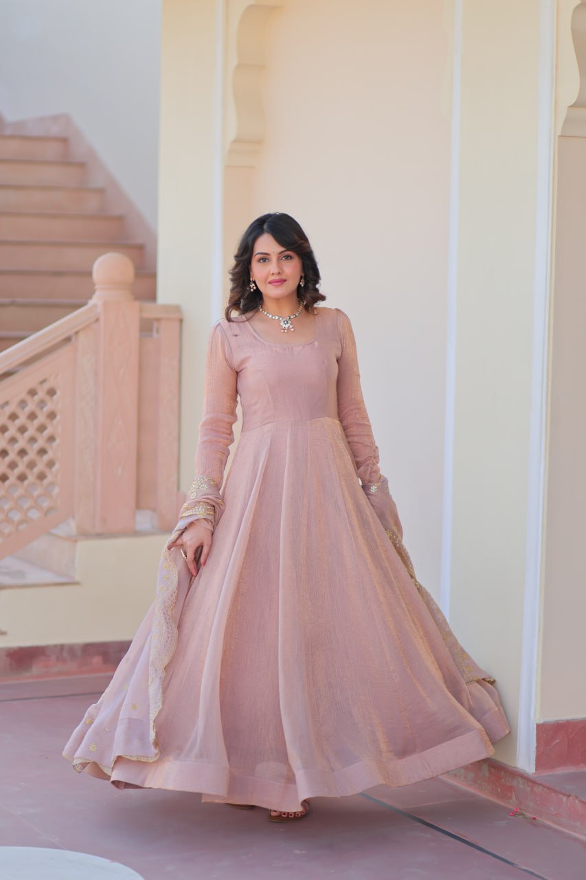 Beige Premium Fendy Chiffon 12-Kali Gown with Embroidered Cut-Work Dupatta ClothsVilla