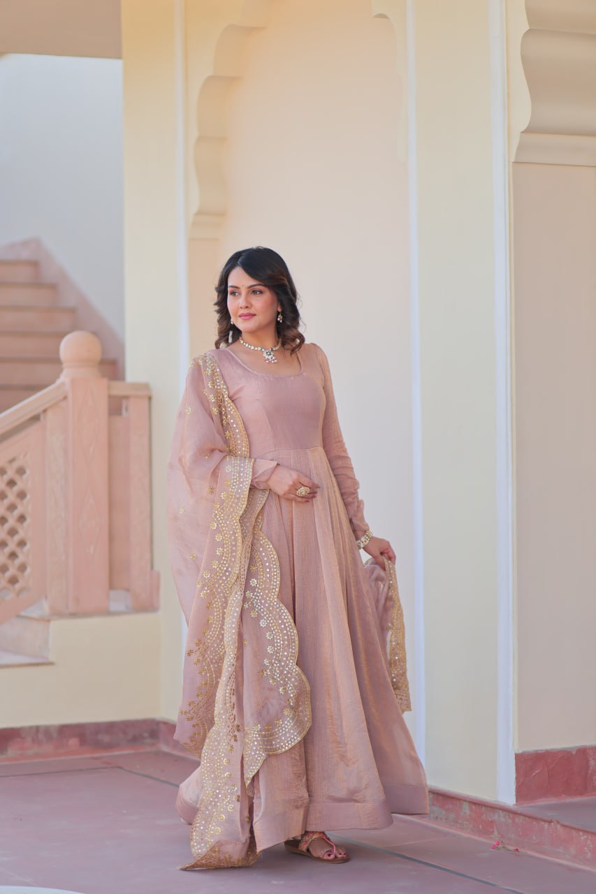 Beige Premium Fendy Chiffon 12-Kali Gown with Embroidered Cut-Work Dupatta ClothsVilla