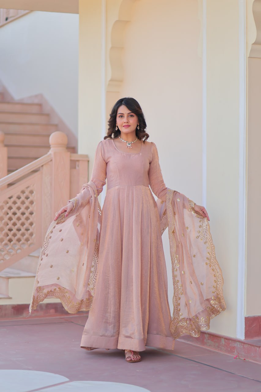 Beige Premium Fendy Chiffon 12-Kali Gown with Embroidered Cut-Work Dupatta ClothsVilla
