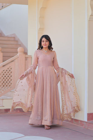 Beige Premium Fendy Chiffon 12-Kali Gown with Embroidered Cut-Work Dupatta ClothsVilla