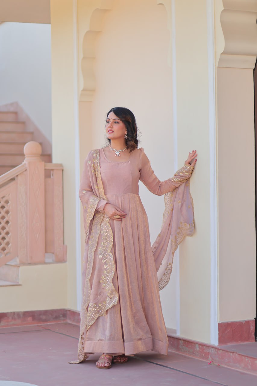 Beige Premium Fendy Chiffon 12-Kali Gown with Embroidered Cut-Work Dupatta ClothsVilla