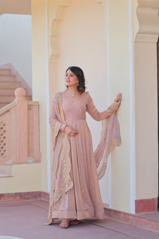 Beige Premium Fendy Chiffon 12-Kali Gown with Embroidered Cut-Work Dupatta ClothsVilla