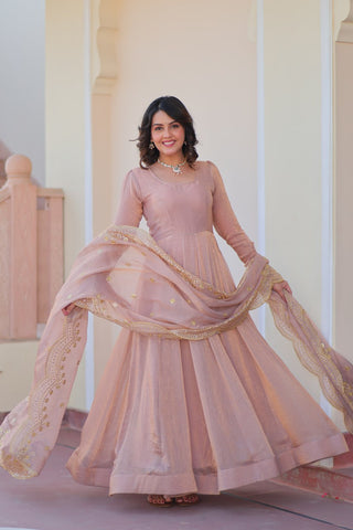 Beige Premium Fendy Chiffon 12-Kali Gown with Embroidered Cut-Work Dupatta ClothsVilla