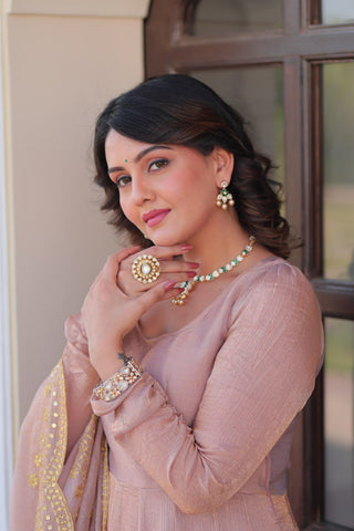 Beige Premium Fendy Chiffon 12-Kali Gown with Embroidered Cut-Work Dupatta ClothsVilla