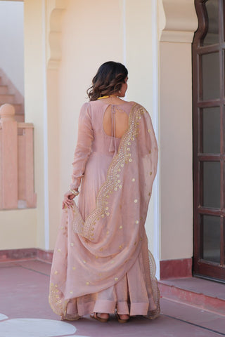 Beige Premium Fendy Chiffon 12-Kali Gown with Embroidered Cut-Work Dupatta ClothsVilla
