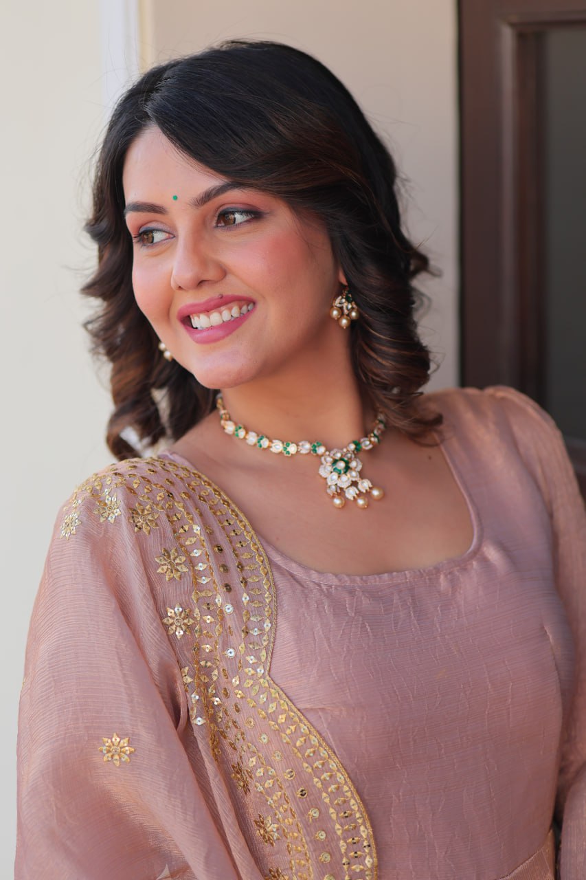 Beige Premium Fendy Chiffon 12-Kali Gown with Embroidered Cut-Work Dupatta ClothsVilla