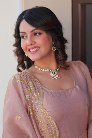 Beige Premium Fendy Chiffon 12-Kali Gown with Embroidered Cut-Work Dupatta ClothsVilla