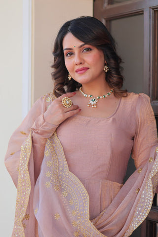 Beige Premium Fendy Chiffon 12-Kali Gown with Embroidered Cut-Work Dupatta ClothsVilla