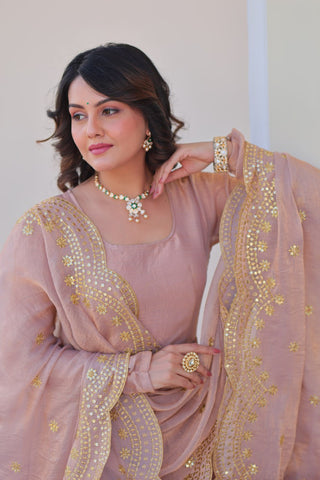 Beige Premium Fendy Chiffon 12-Kali Gown with Embroidered Cut-Work Dupatta ClothsVilla