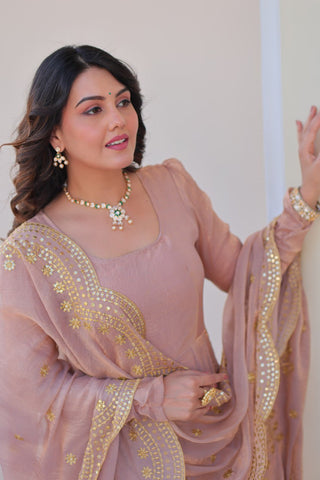 Beige Premium Fendy Chiffon 12-Kali Gown with Embroidered Cut-Work Dupatta ClothsVilla