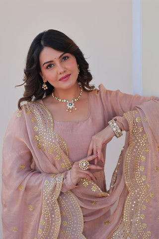Beige Premium Fendy Chiffon 12-Kali Gown with Embroidered Cut-Work Dupatta ClothsVilla