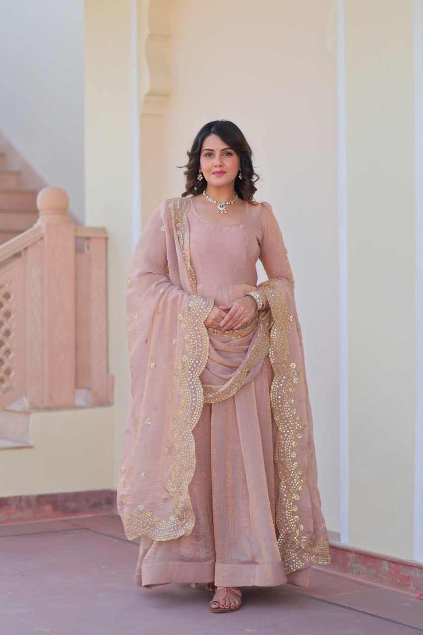 Beige Premium Fendy Chiffon 12-Kali Gown with Embroidered Cut-Work Dupatta ClothsVilla