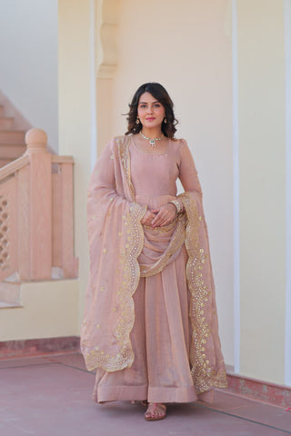 Beige Premium Fendy Chiffon 12-Kali Gown with Embroidered Cut-Work Dupatta ClothsVilla