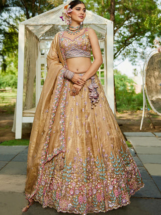 Beige Premium Tissue Fabric Semi-Stitched Lehenga Set with Sequins, Coding & Thread Embroidery Work ClothsVilla