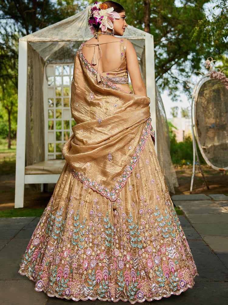 Beige Premium Tissue Fabric Semi-Stitched Lehenga Set with Sequins, Coding & Thread Embroidery Work ClothsVilla