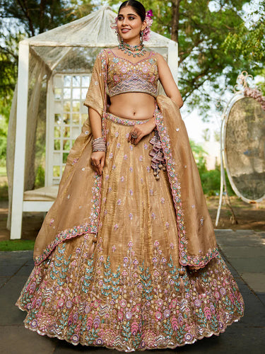Beige Premium Tissue Fabric Semi-Stitched Lehenga Set with Sequins, Coding & Thread Embroidery Work ClothsVilla