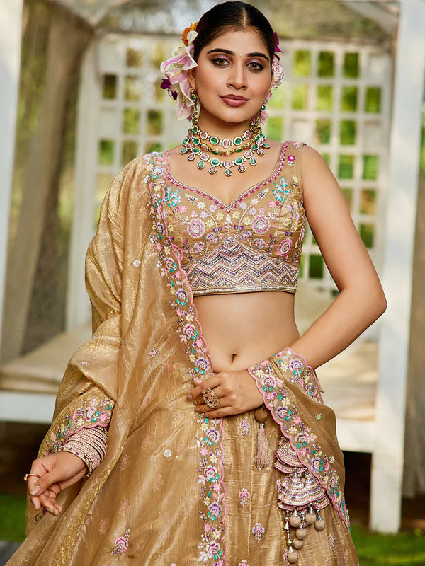 Beige Premium Tissue Fabric Semi-Stitched Lehenga Set with Sequins, Coding & Thread Embroidery Work ClothsVilla