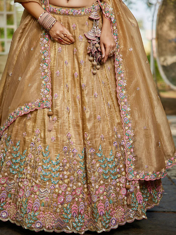 Beige Premium Tissue Fabric Semi-Stitched Lehenga Set with Sequins, Coding & Thread Embroidery Work ClothsVilla