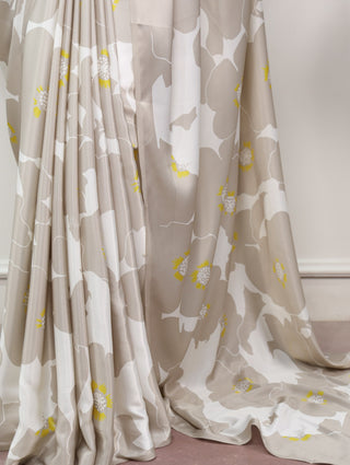 Beige Printed Satin Silk Saree ClothsVilla