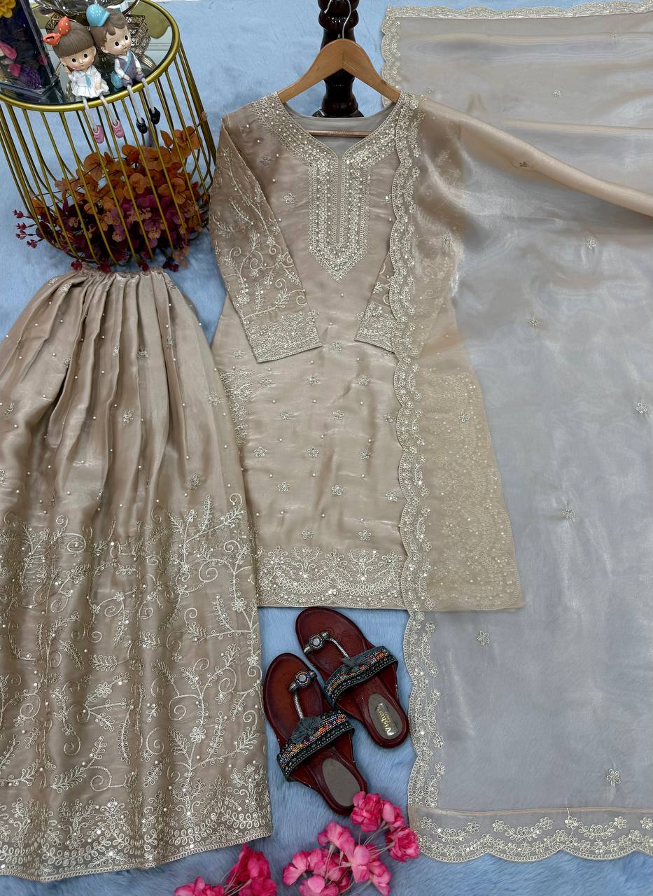Beige Pure Organza Heavy Embroidered Kurta Palazzo Set with Sequins, Coding Dori & Moti Handwork Dupatta ClothsVilla Main image