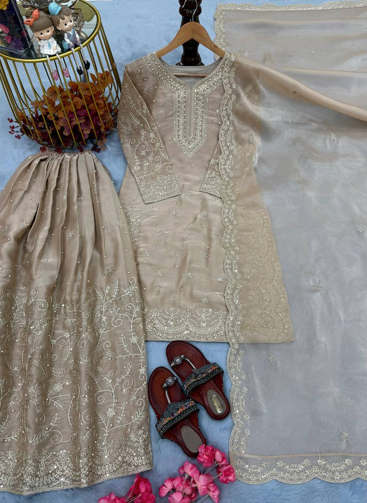 Beige Pure Organza Heavy Embroidered Kurta Palazzo Set with Sequins, Coding Dori & Moti Handwork Dupatta ClothsVilla