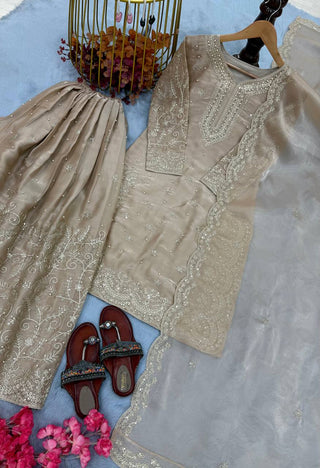 Beige Pure Organza Heavy Embroidered Kurta Palazzo Set with Sequins, Coding Dori & Moti Handwork Dupatta ClothsVilla