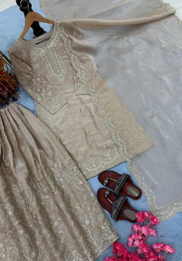 Beige Pure Organza Heavy Embroidered Kurta Palazzo Set with Sequins, Coding Dori & Moti Handwork Dupatta ClothsVilla
