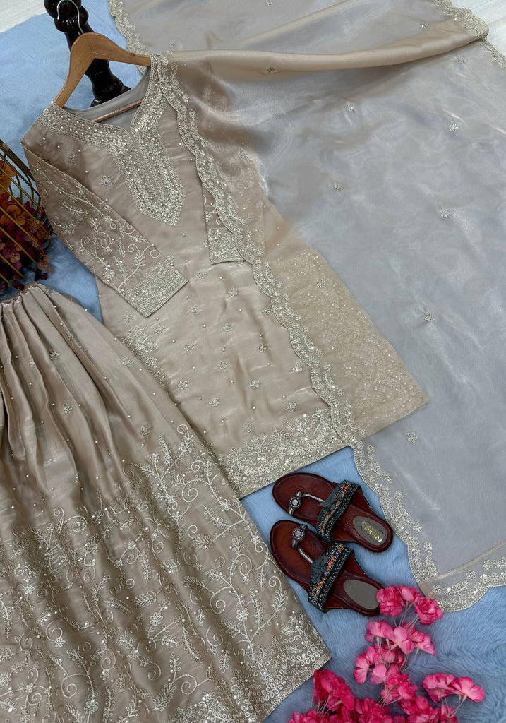 Beige Pure Organza Heavy Embroidered Kurta Palazzo Set with Sequins, Coding Dori & Moti Handwork Dupatta ClothsVilla