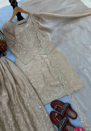 Beige Pure Organza Heavy Embroidered Kurta Palazzo Set with Sequins, Coding Dori & Moti Handwork Dupatta ClothsVilla