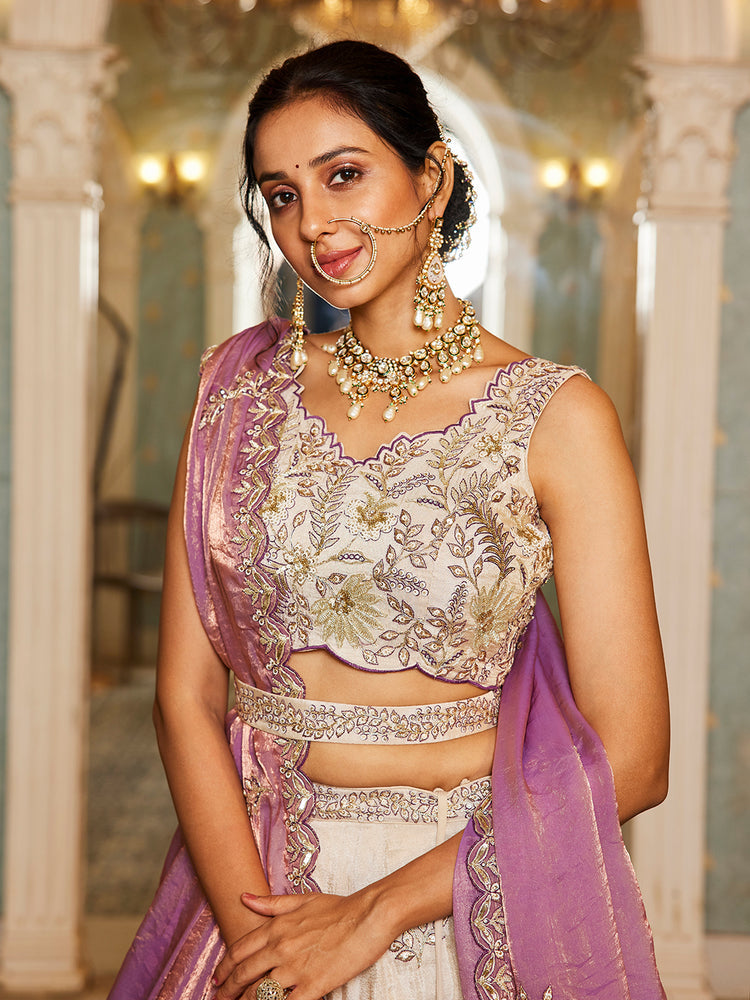 Beige Purple Viscos fabric Sequins work Semi-Stitched Lehenga choli & Dupatta ClothsVilla